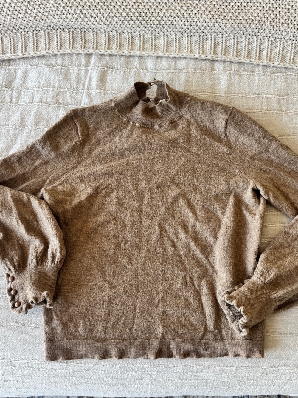 Sezane Brown Cowl Neck Sweater with Buttoned Puff Sleeves